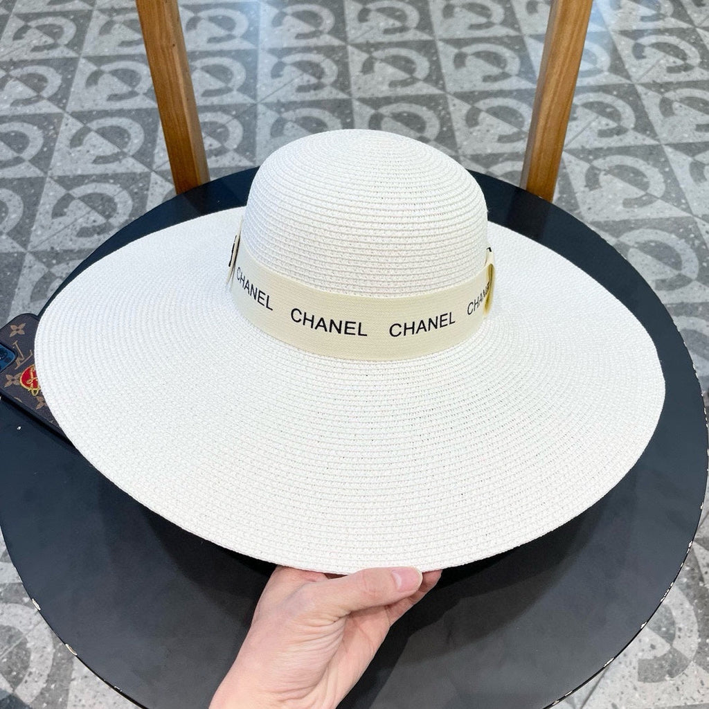 CHANEL WIDE BRIM STRAW HAT WHITE 672707