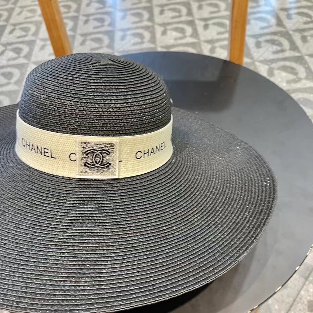CHANEL WIDE BRIM STRAW HAT BLACK 672709