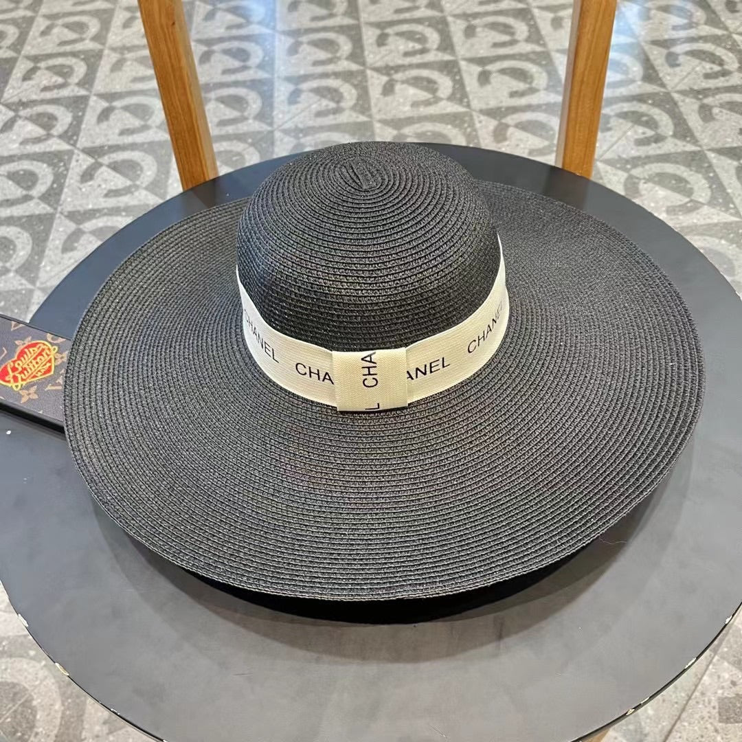CHANEL WIDE BRIM STRAW HAT BLACK 672709