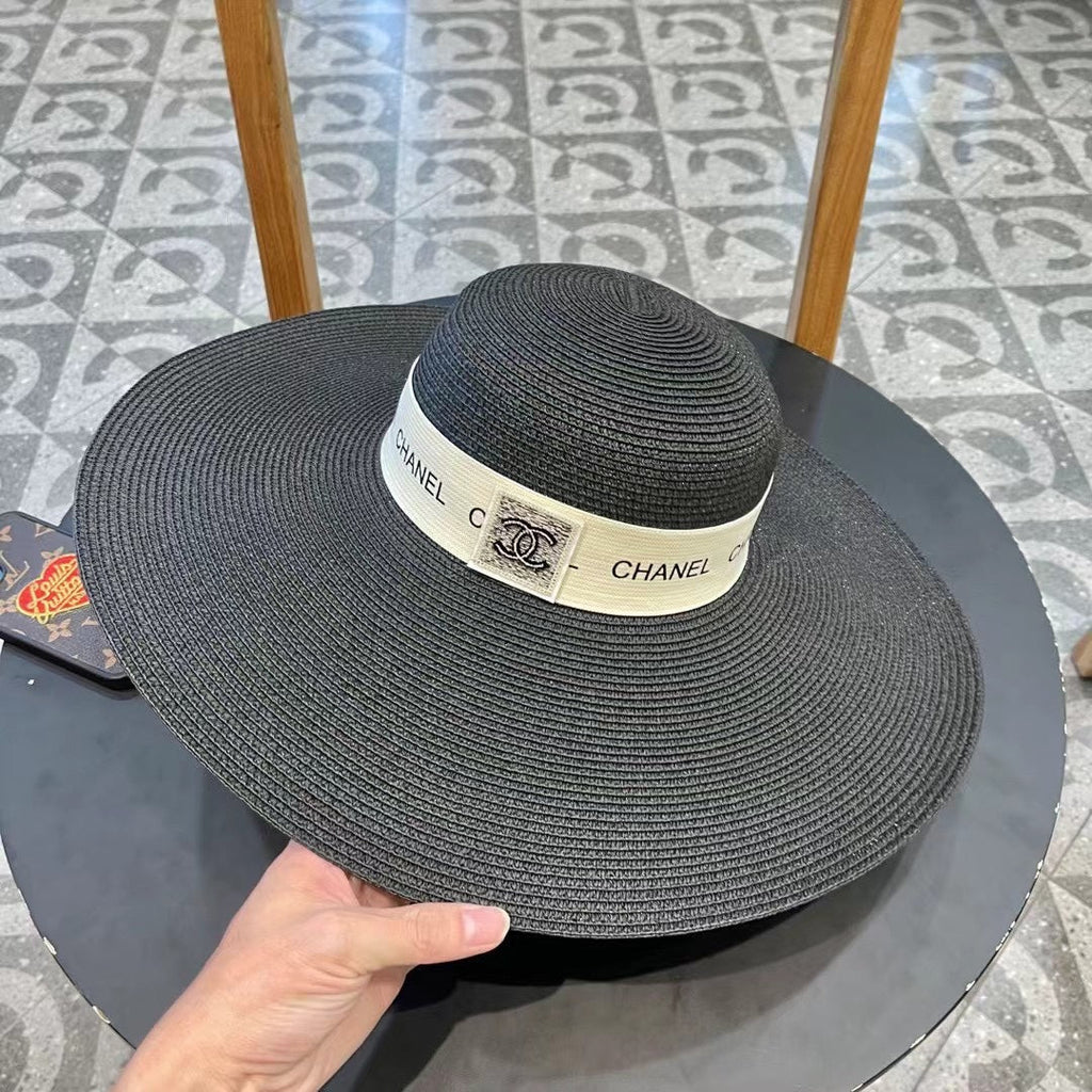 CHANEL WIDE BRIM STRAW HAT BLACK 672709
