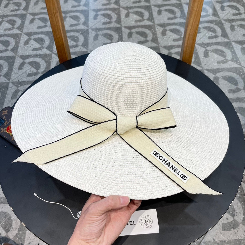 CHANEL WIDE BRIM STRAW HAT WITH BOW WHITE 672704