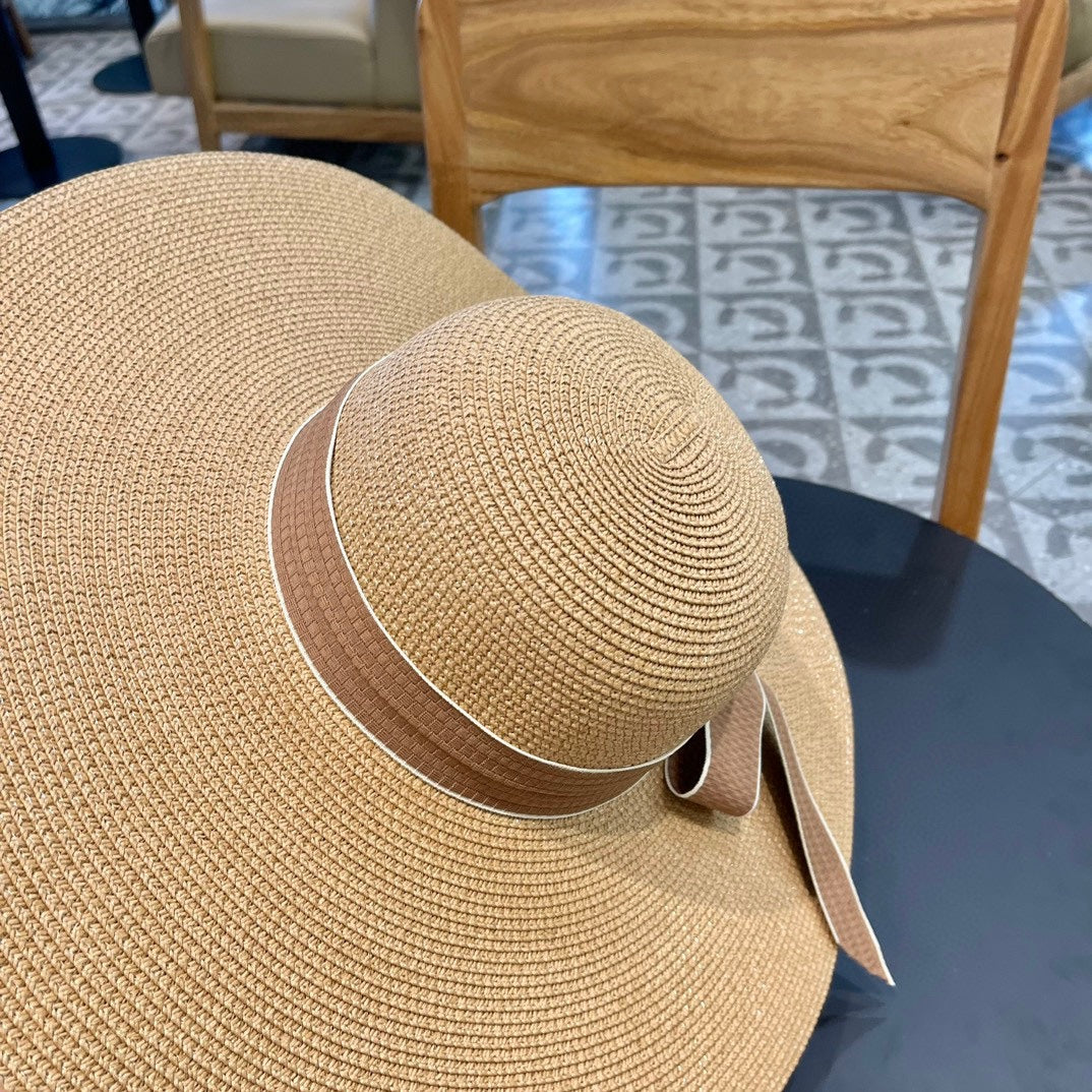 CHANEL WIDE BRIM STRAW HAT WITH BOW BROWN 672705