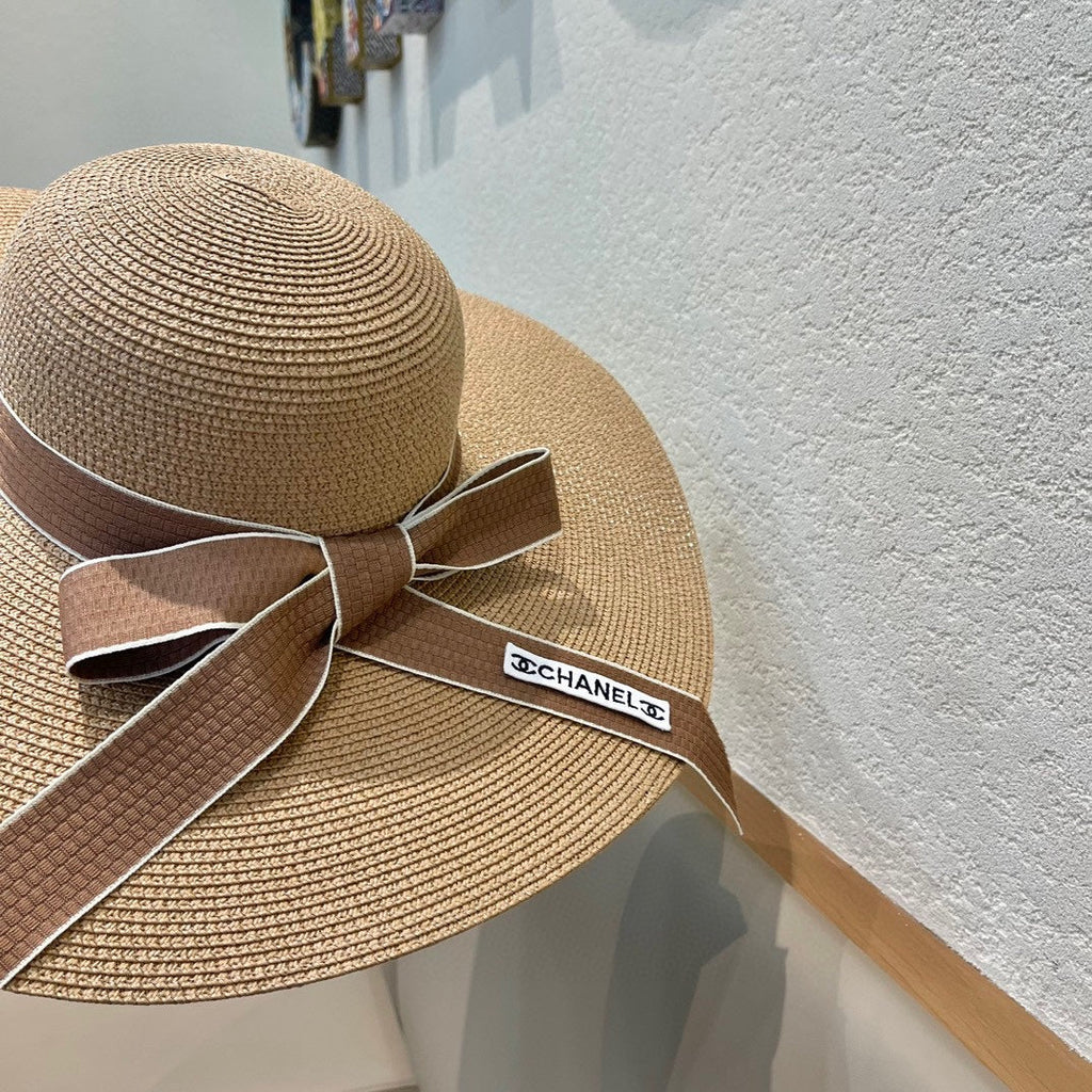 CHANEL WIDE BRIM STRAW HAT WITH BOW BROWN 672705
