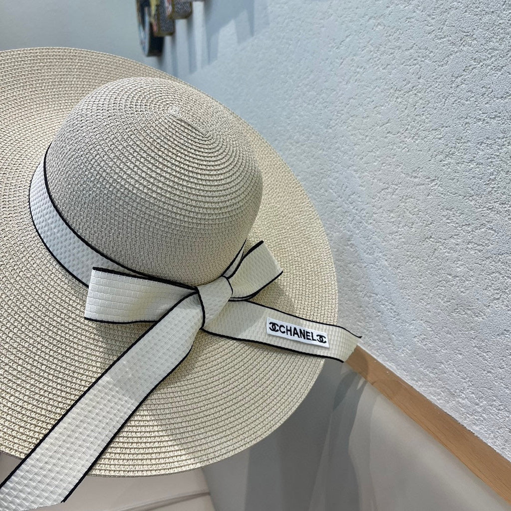 CHANEL WIDE BRIM STRAW HAT WITH BOW BEIGE 672706
