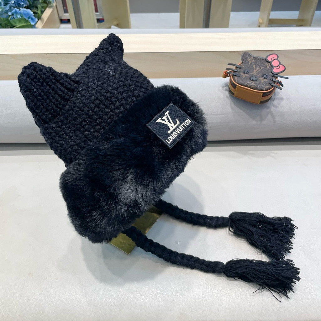 LOUIS VUITTON KNITTED BEANIE HAT IN BLACK WOOL WITH JAPANESE CAT EARS 421256