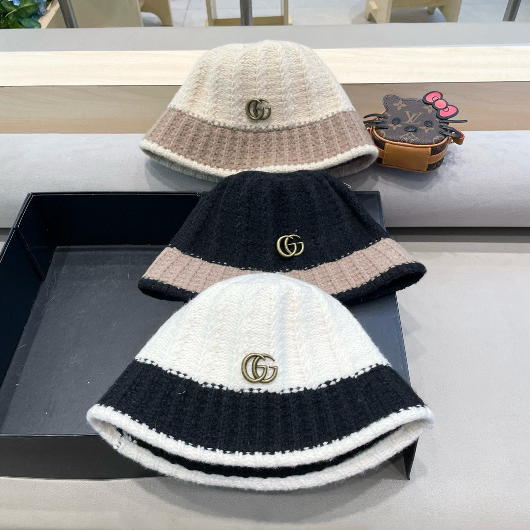 GUCCI KNIT BUCKET HAT IN BLACK MIX LIGHT BROWN WOOL 431639