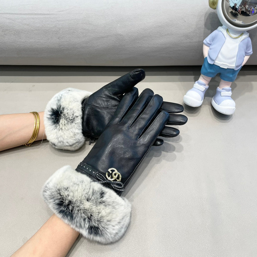 GUCCI FUR-TRIMMED LAMBSKIN GLOVES BLACK WITH BOW 456265