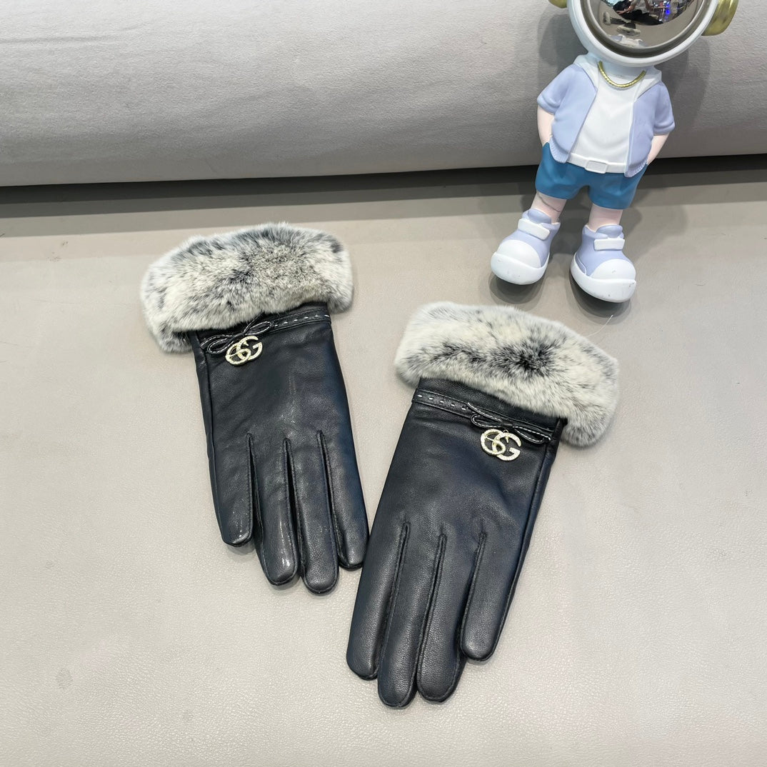 GUCCI FUR-TRIMMED LAMBSKIN GLOVES BLACK WITH BOW 456265