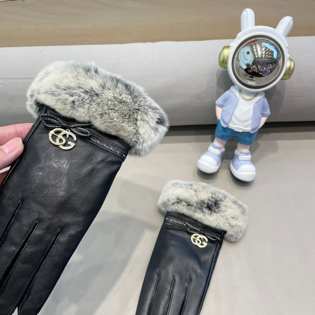 GUCCI FUR-TRIMMED LAMBSKIN GLOVES BLACK WITH BOW 456265