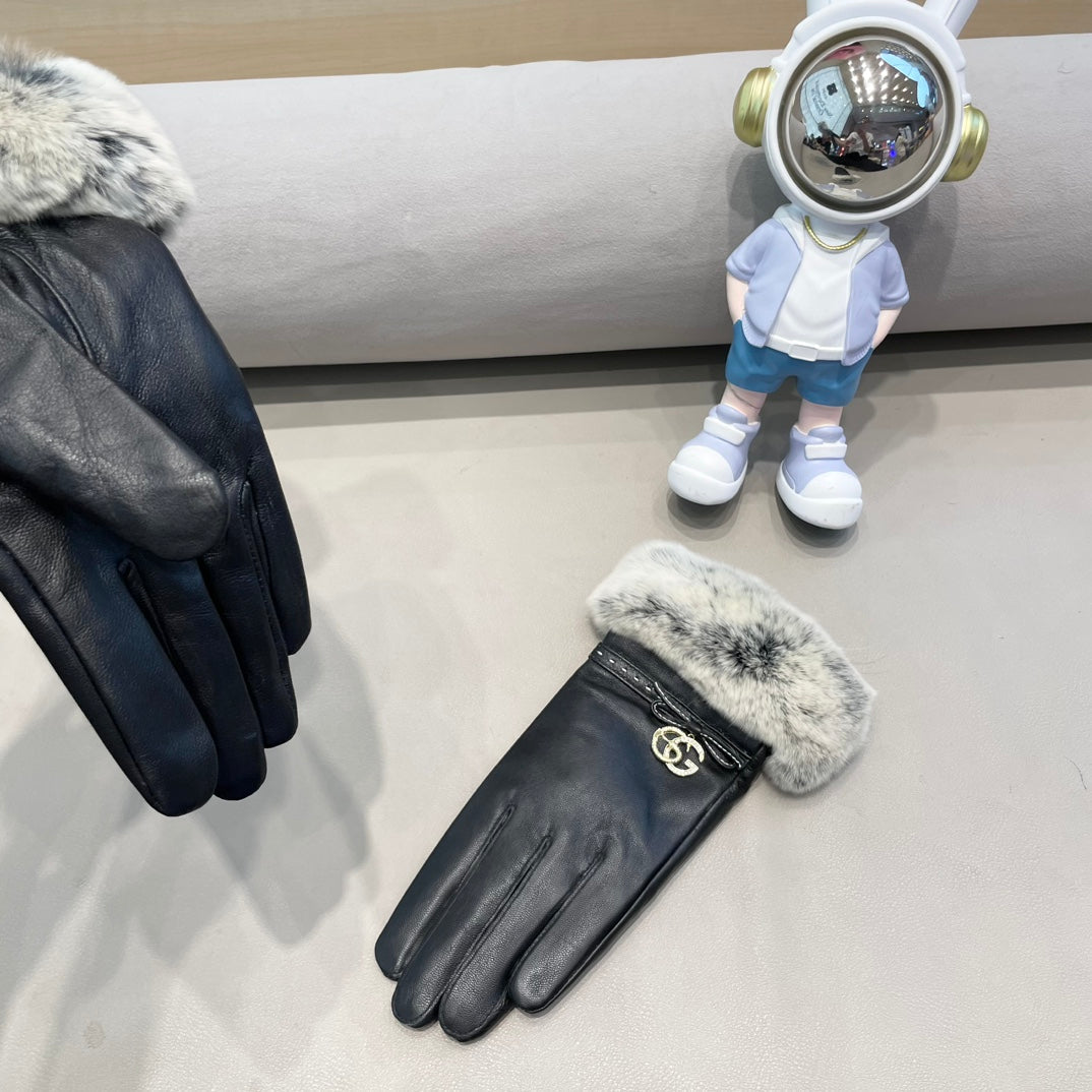 GUCCI FUR-TRIMMED LAMBSKIN GLOVES BLACK WITH BOW 456265