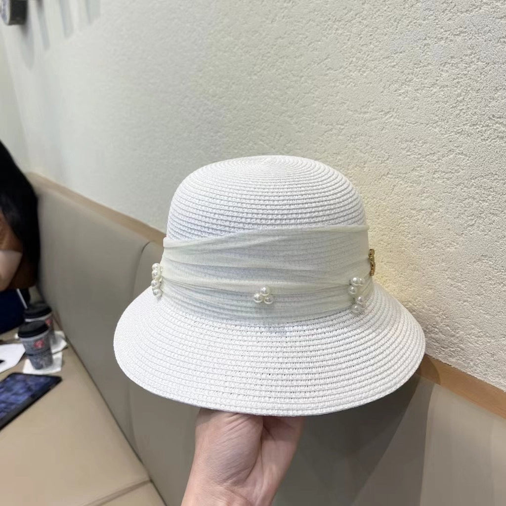 CHANEL STRAW HAT BOW WITH PEARL WHITE 672700