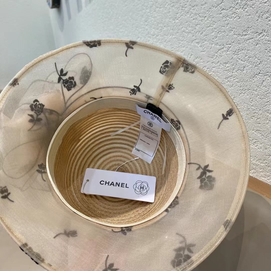 CHANEL STRAW HAT WITH CHIFFON FLOWER BEIGE 672761