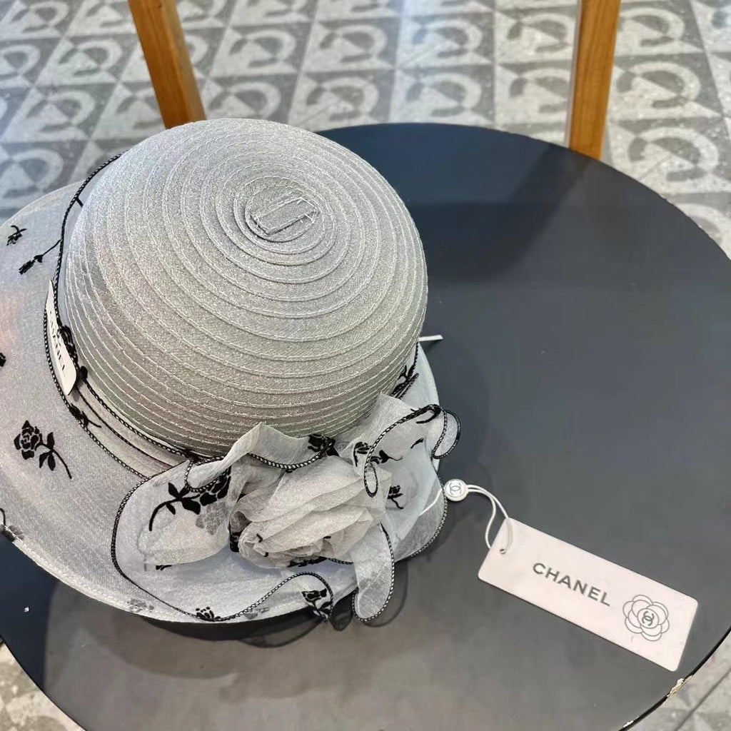CHANEL STRAW HAT WITH CHIFFON FLOWER VINTAGE GRAY 672759