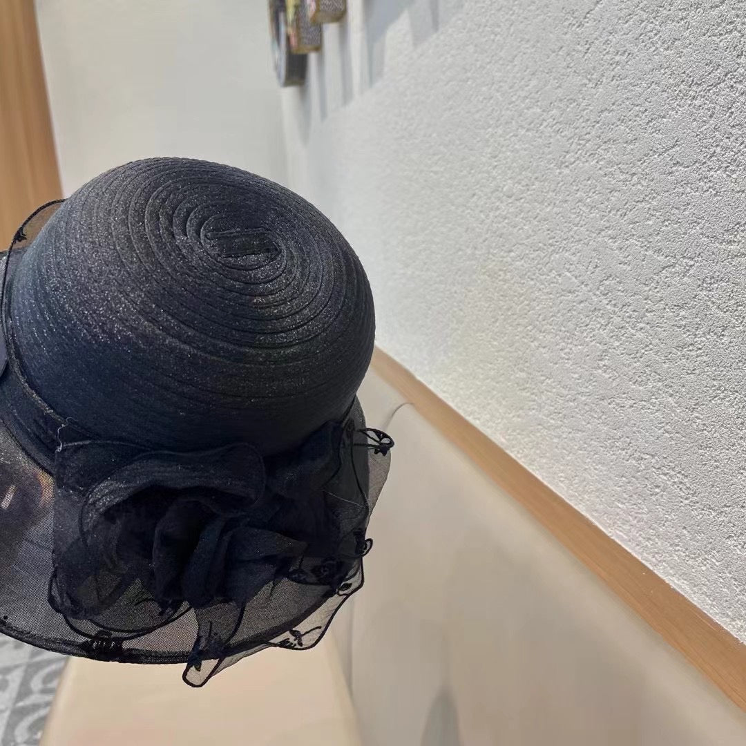 CHANEL STRAW HAT WITH CHIFFON FLOWER BLACK 672760