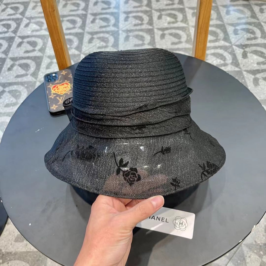 CHANEL STRAW HAT WITH CHIFFON FLOWER BLACK 672760