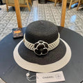 CHANEL STRAW BUCKET HAT BLACK WITH PEARLS 672762