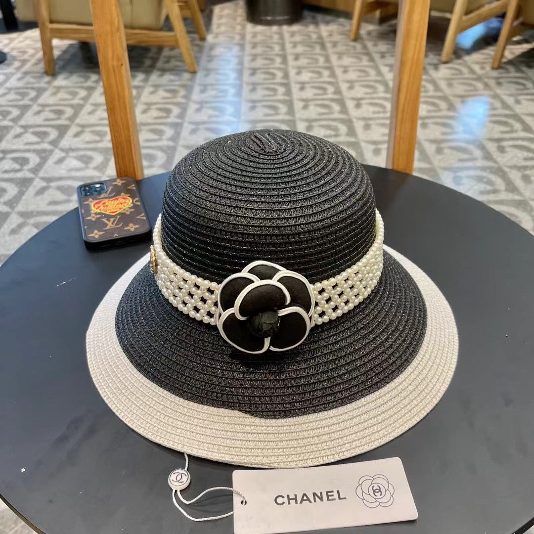 CHANEL STRAW BUCKET HAT BLACK WITH PEARLS 672762