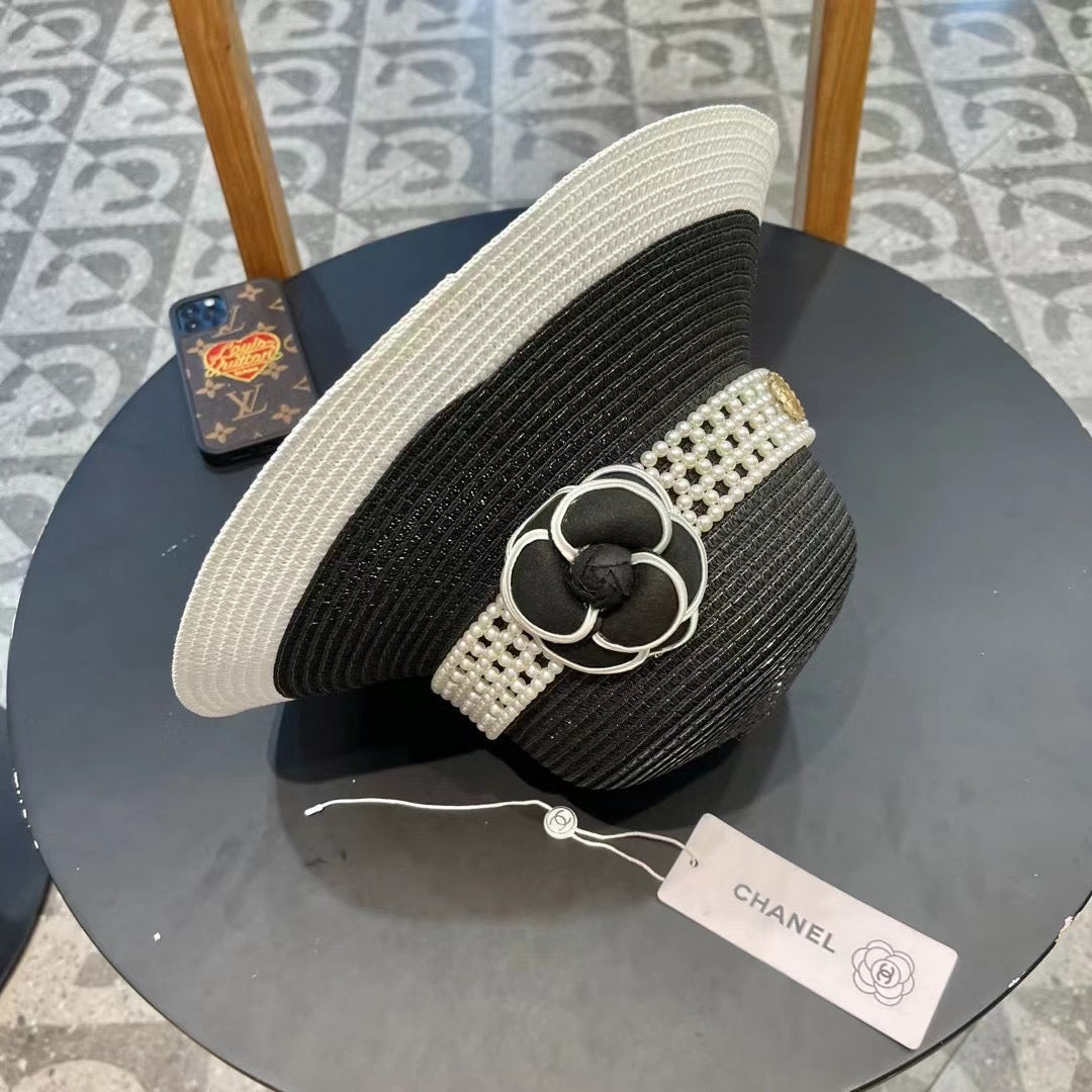 CHANEL STRAW BUCKET HAT BLACK WITH PEARLS 672762