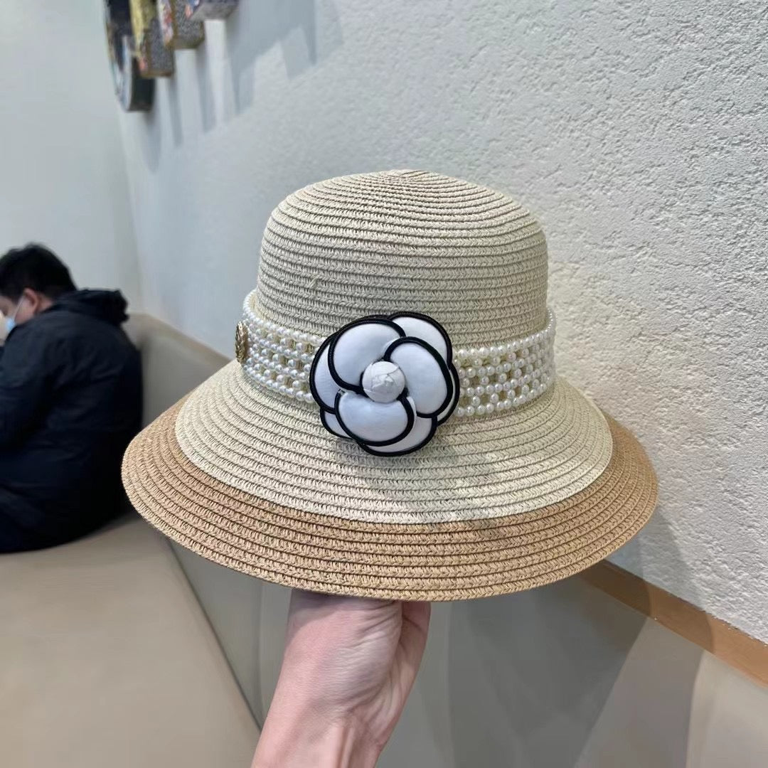 CHANEL STRAW BUCKET HAT WINDSOR GREIGE WITH PEARLS 672763