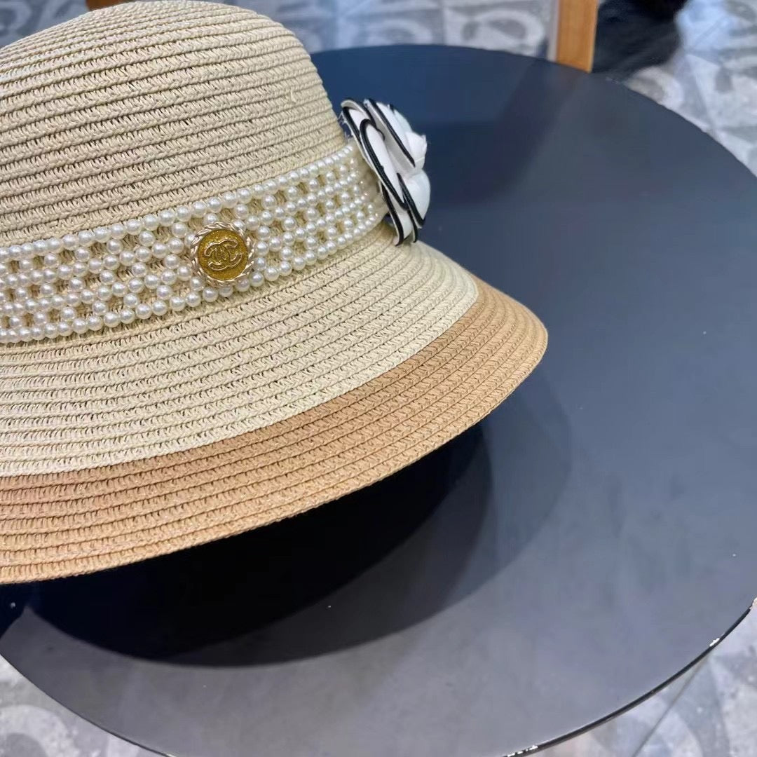 CHANEL STRAW BUCKET HAT WINDSOR GREIGE WITH PEARLS 672763