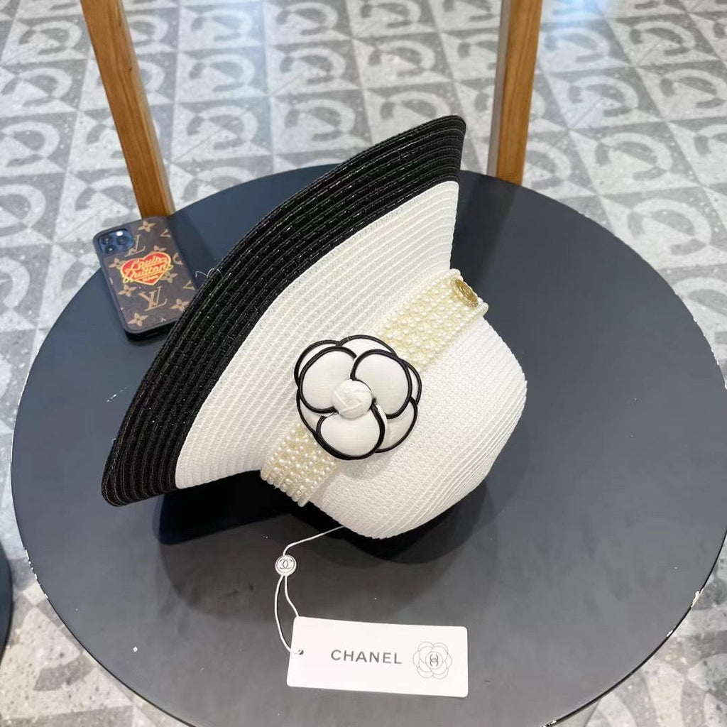 CHANEL STRAW BUCKET HAT WHITE WITH PEARLS 672764