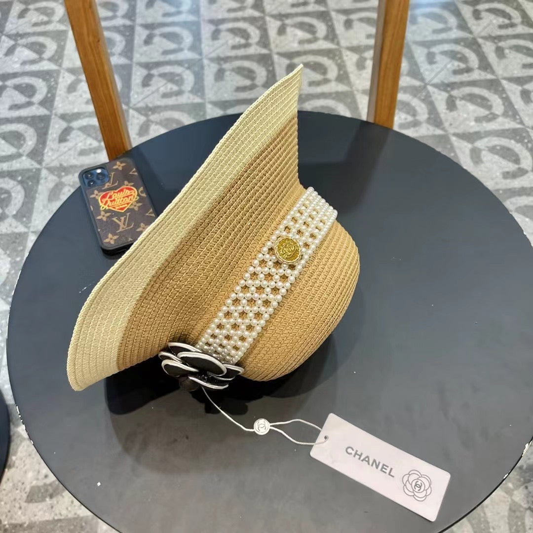 CHANEL STRAW BUCKET HAT WITH PEARLS 672765