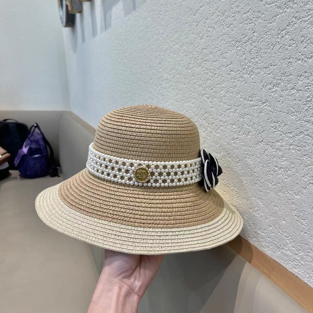 CHANEL STRAW BUCKET HAT WITH PEARLS 672765