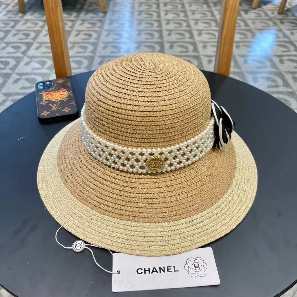 CHANEL STRAW BUCKET HAT WITH PEARLS 672765