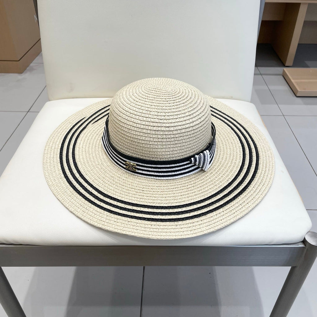 CELINE WIDE BRIM HAT MODEL 650408 IN CREAM WHITE BLACK STRIPES WOVEN STRAW
