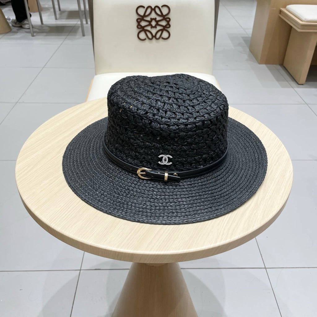 CHANEL STRAW HAT OPEN WEAVE BLACK 674077