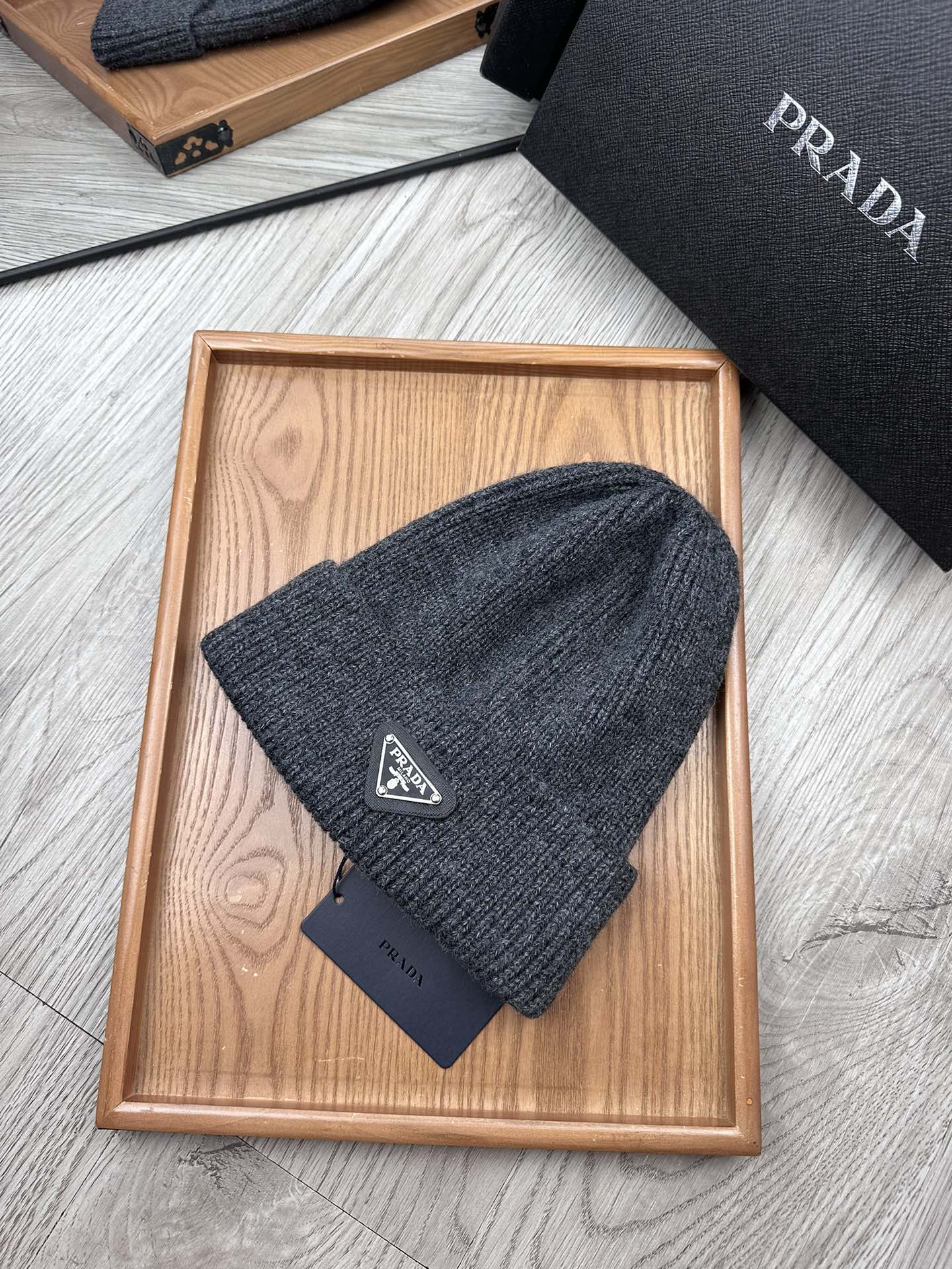 PRADA BEANIE HAT IN CHARCOAL GRAY WOOL 332391