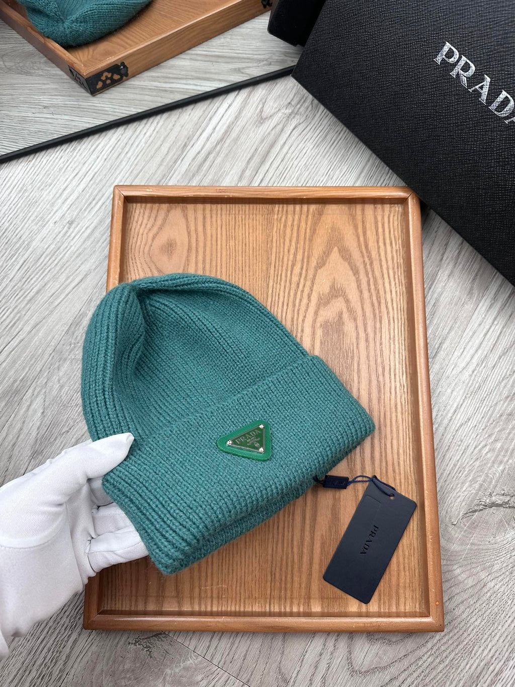 PRADA BEANIE HAT IN TEAL GREEN WOOL 332392