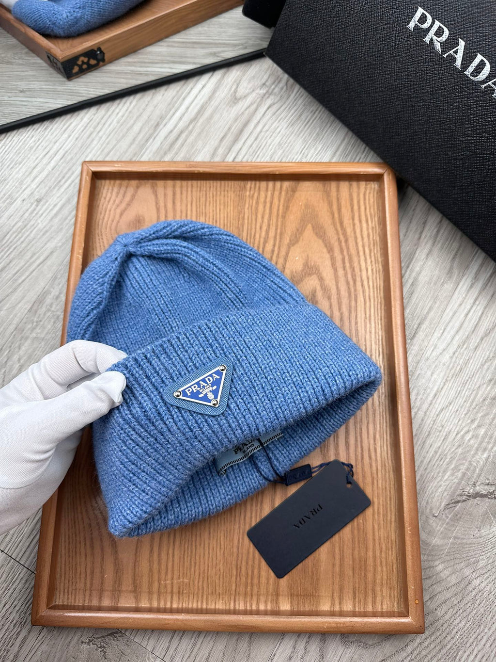 PRADA BEANIE HAT IN DOGGER BLUE WOOL 332396