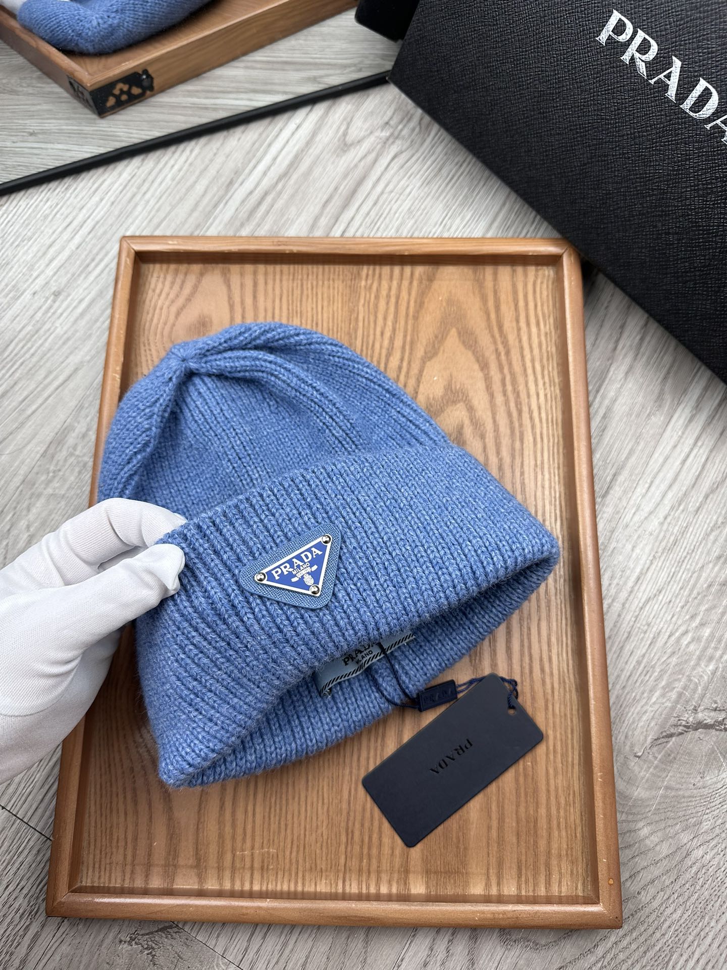 PRADA BEANIE HAT IN DOGGER BLUE WOOL 332396