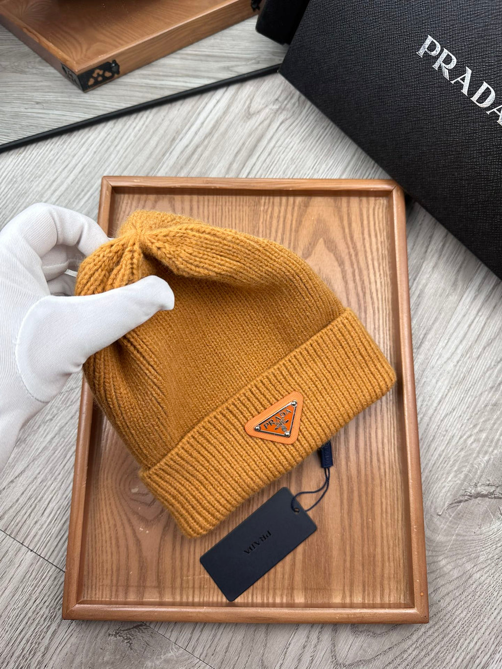 PRADA BEANIE HAT IN MUSTARD YELLOW WOOL 332397