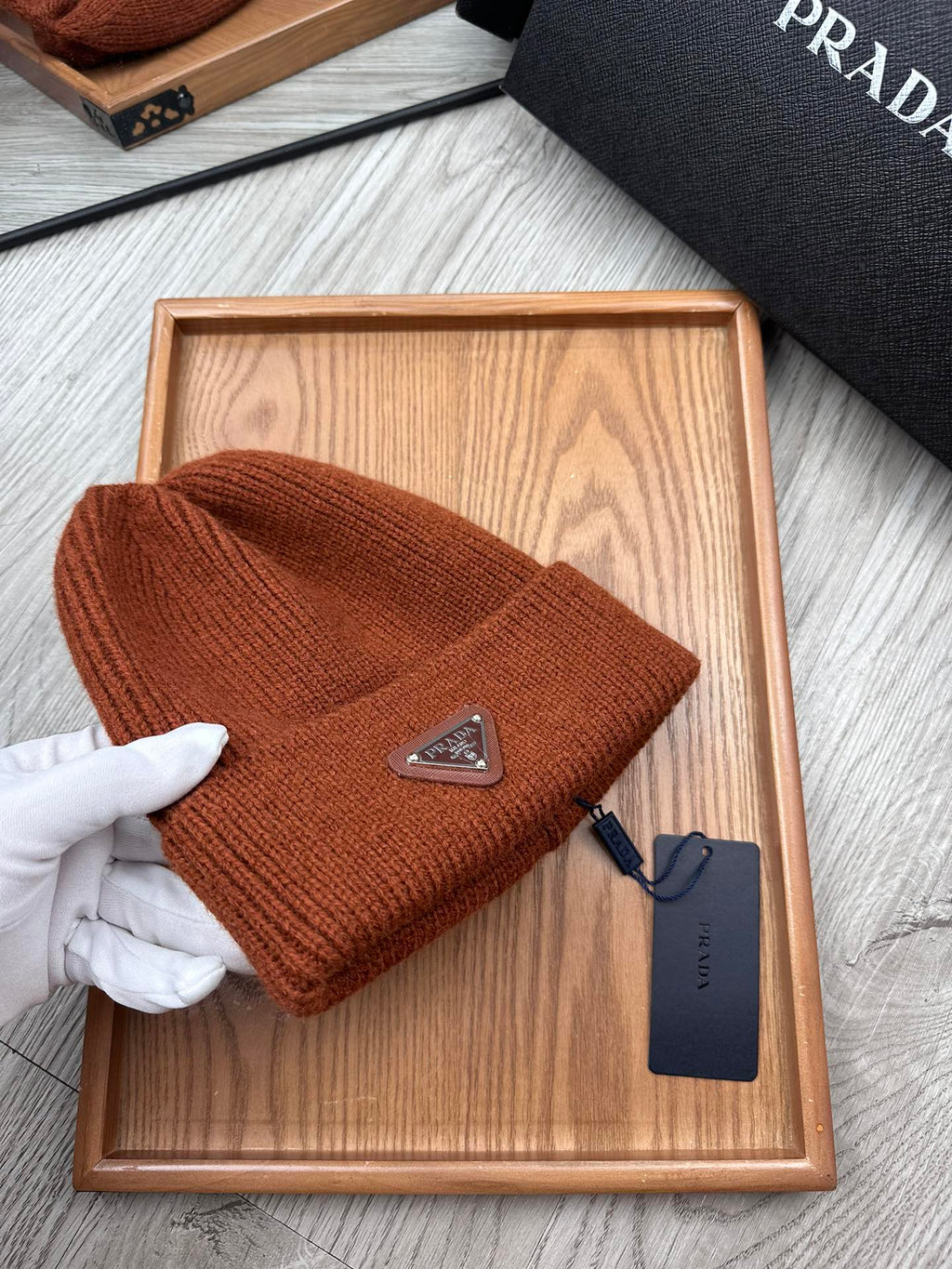 PRADA BEANIE HAT IN UMBER BROWN WOOL 332398