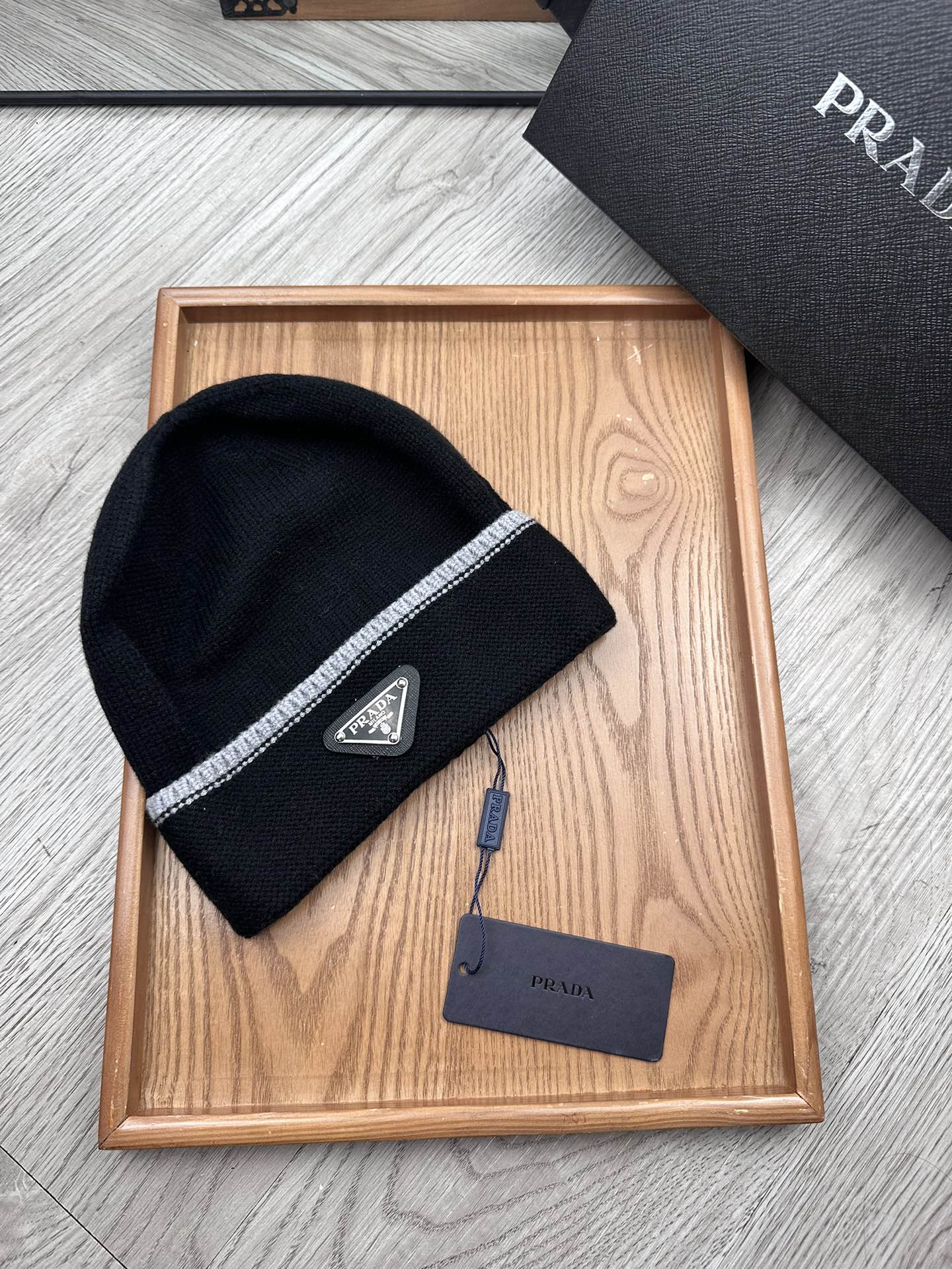 PRADA BEANIE HAT IN BLACK WOOL 349648