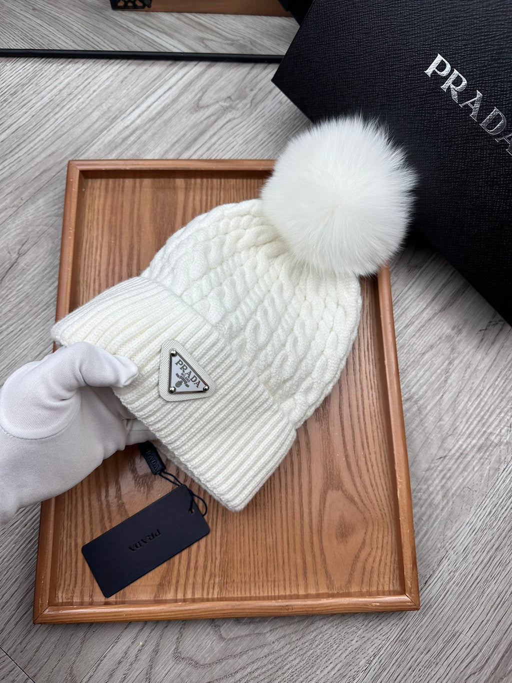 PRADA BEANIE HAT IN WHITE WOOL 352376