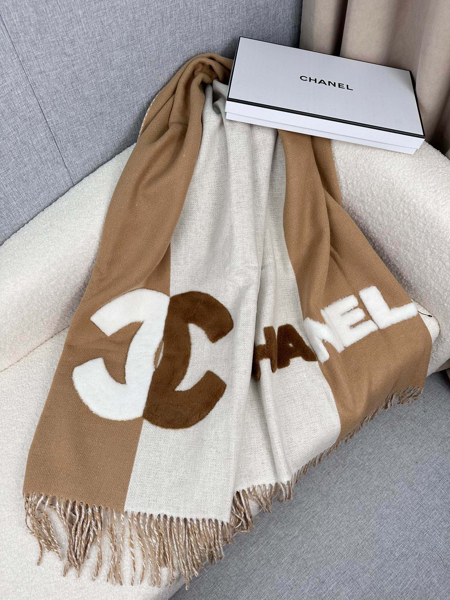 CHANEL SCARF 200 CM IN CIDER BROWN MIX WHITE CASHMERE AND WOOL 399796