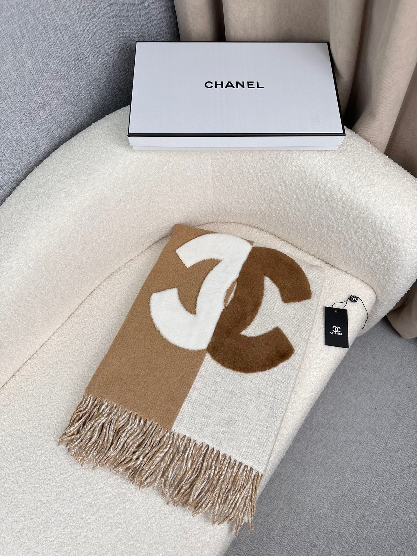 CHANEL SCARF 200 CM IN CIDER BROWN MIX WHITE CASHMERE AND WOOL 399796