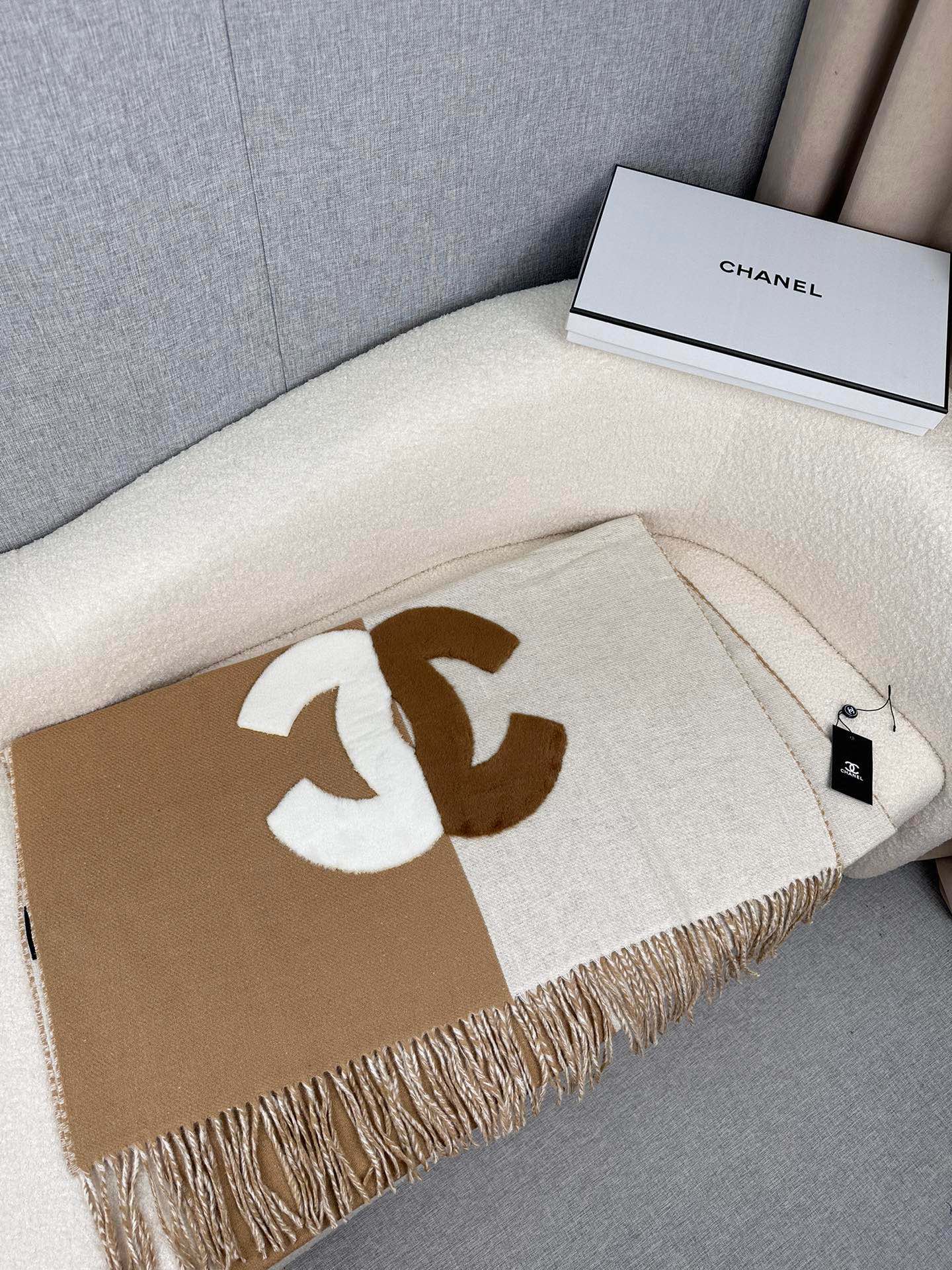 CHANEL SCARF 200 CM IN CIDER BROWN MIX WHITE CASHMERE AND WOOL 399796