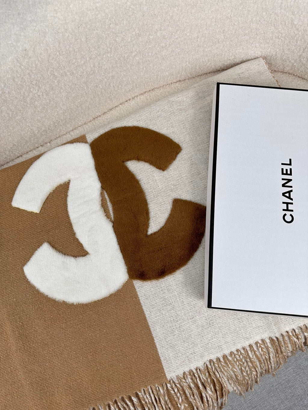 CHANEL SCARF 200 CM IN CIDER BROWN MIX WHITE CASHMERE AND WOOL 399796