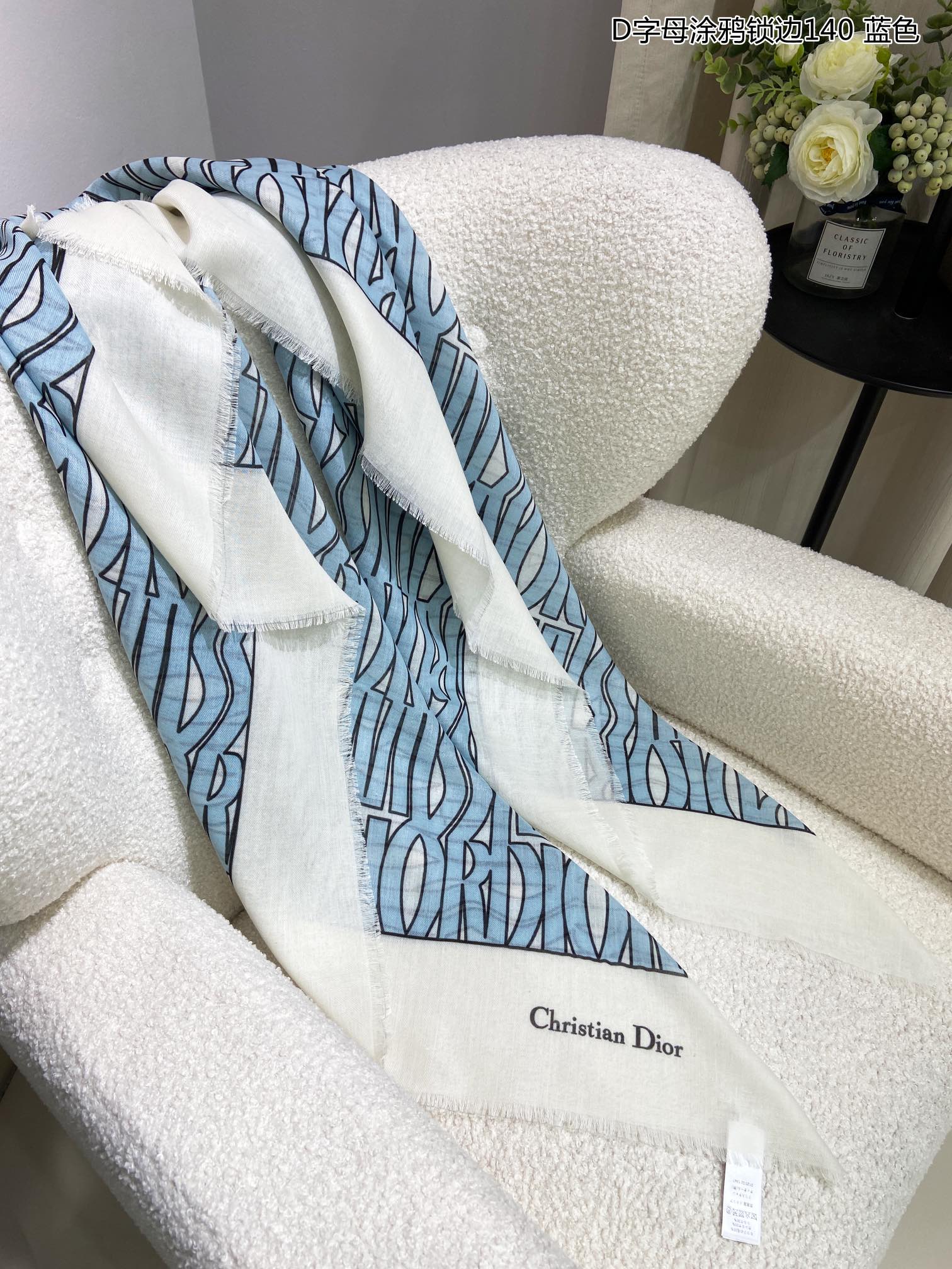 DIOR MISS ALLOVER SHAWL 140 CM IN POWDER BLUE MIX WHITE SILK CASHMERE 411630