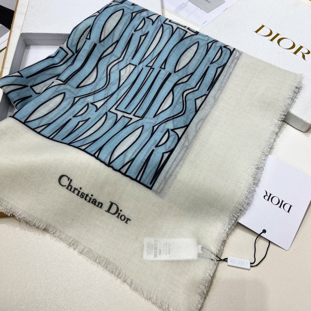 DIOR MISS ALLOVER SHAWL 140 CM IN POWDER BLUE MIX WHITE SILK CASHMERE 411630