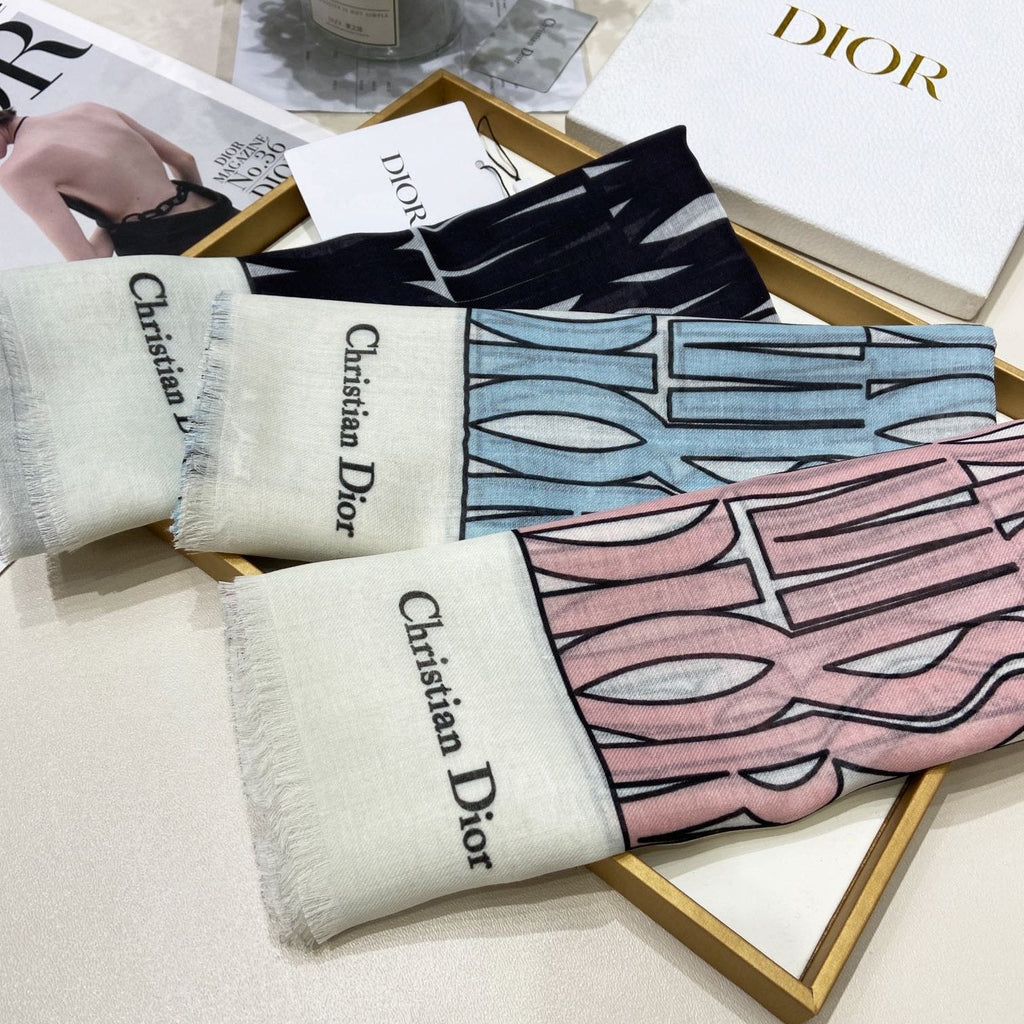 DIOR MISS ALLOVER SHAWL 140 CM IN POWDER BLUE MIX WHITE SILK CASHMERE 411630