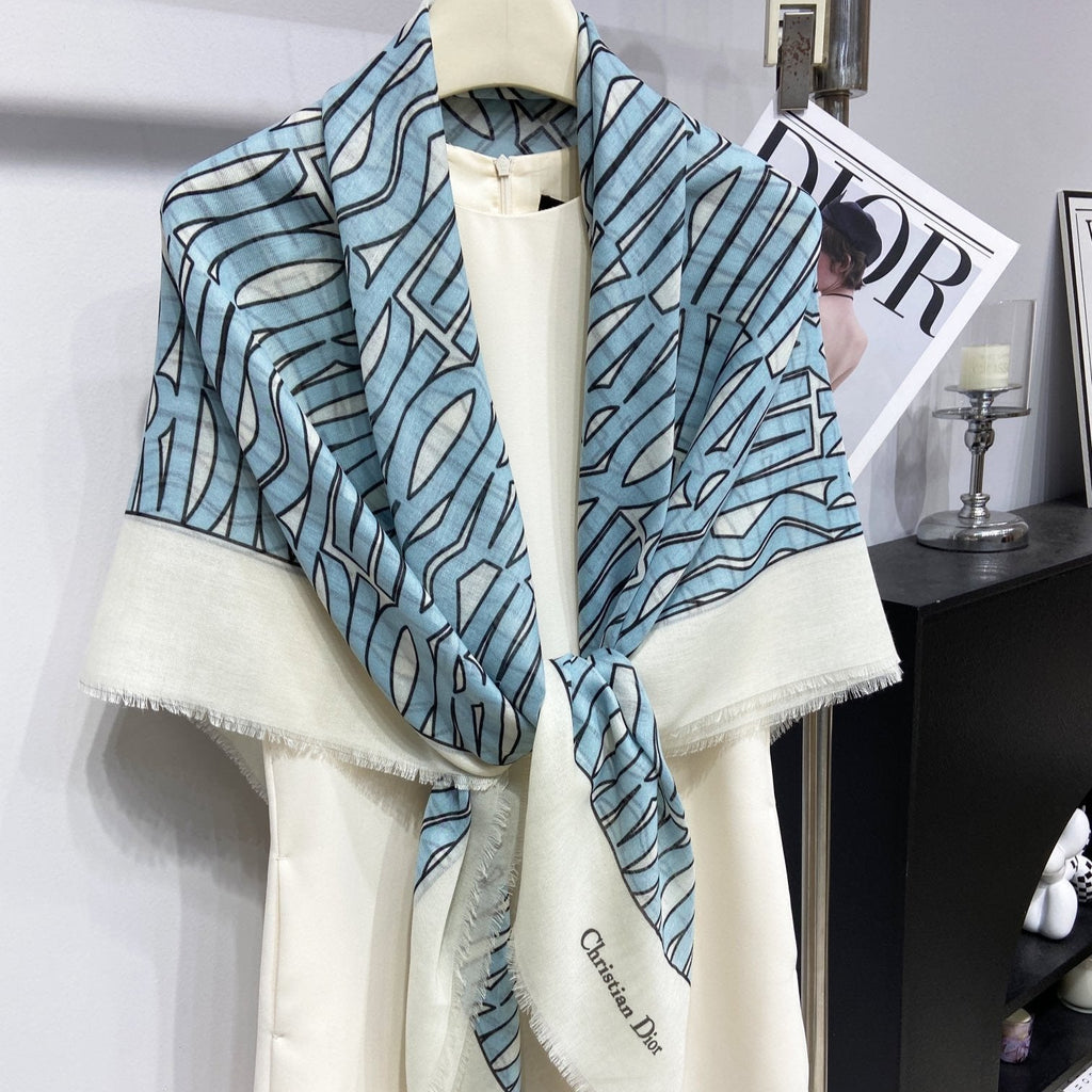 DIOR MISS ALLOVER SHAWL 140 CM IN POWDER BLUE MIX WHITE SILK CASHMERE 411630