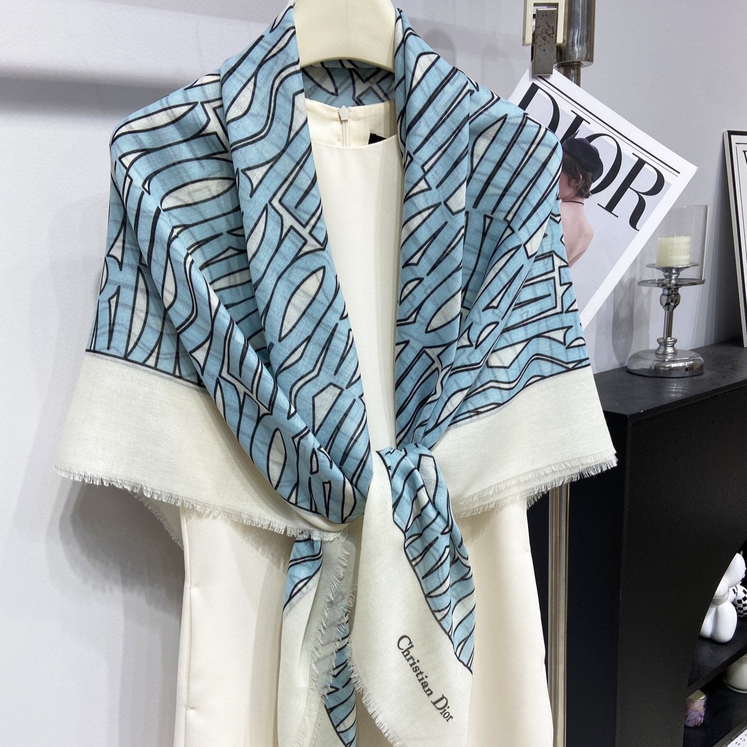 DIOR MISS ALLOVER SHAWL 140 CM IN POWDER BLUE MIX WHITE SILK CASHMERE 411630