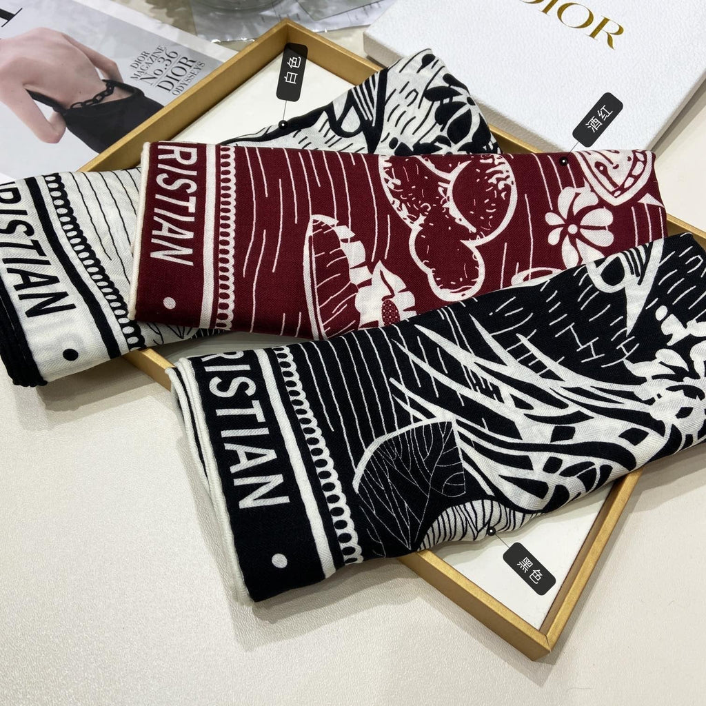 DIOR SQUARE SCARF 140 CM IN BLACK MIX WHITE MONOGRAM WOOL AND SILK 415111