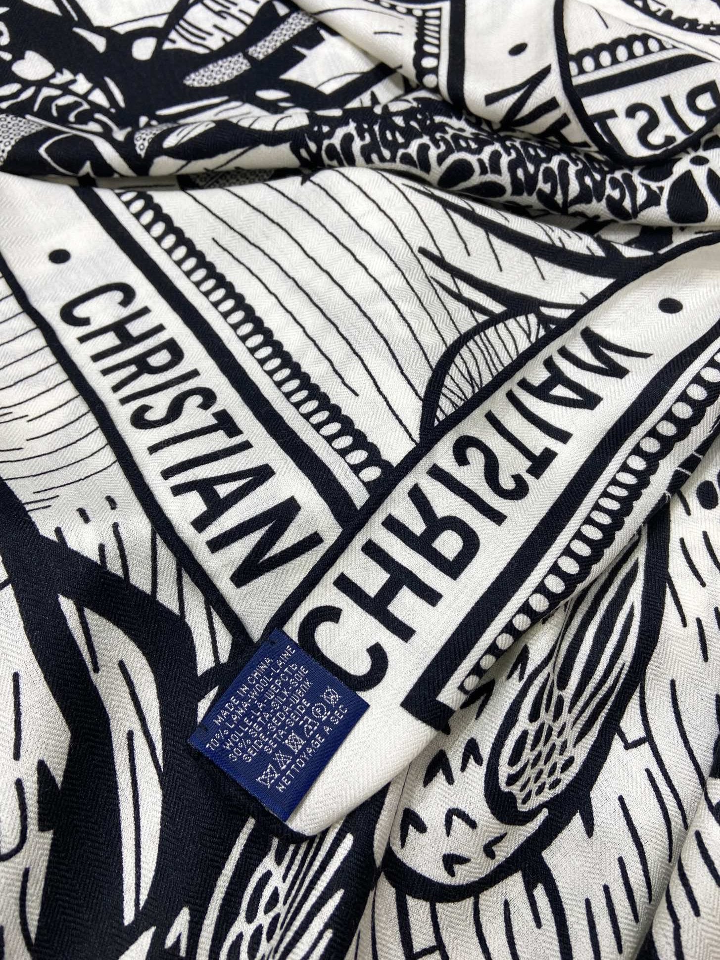 DIOR SQUARE SCARF 140 CM IN BLACK MIX WHITE MONOGRAM WOOL AND SILK 415111