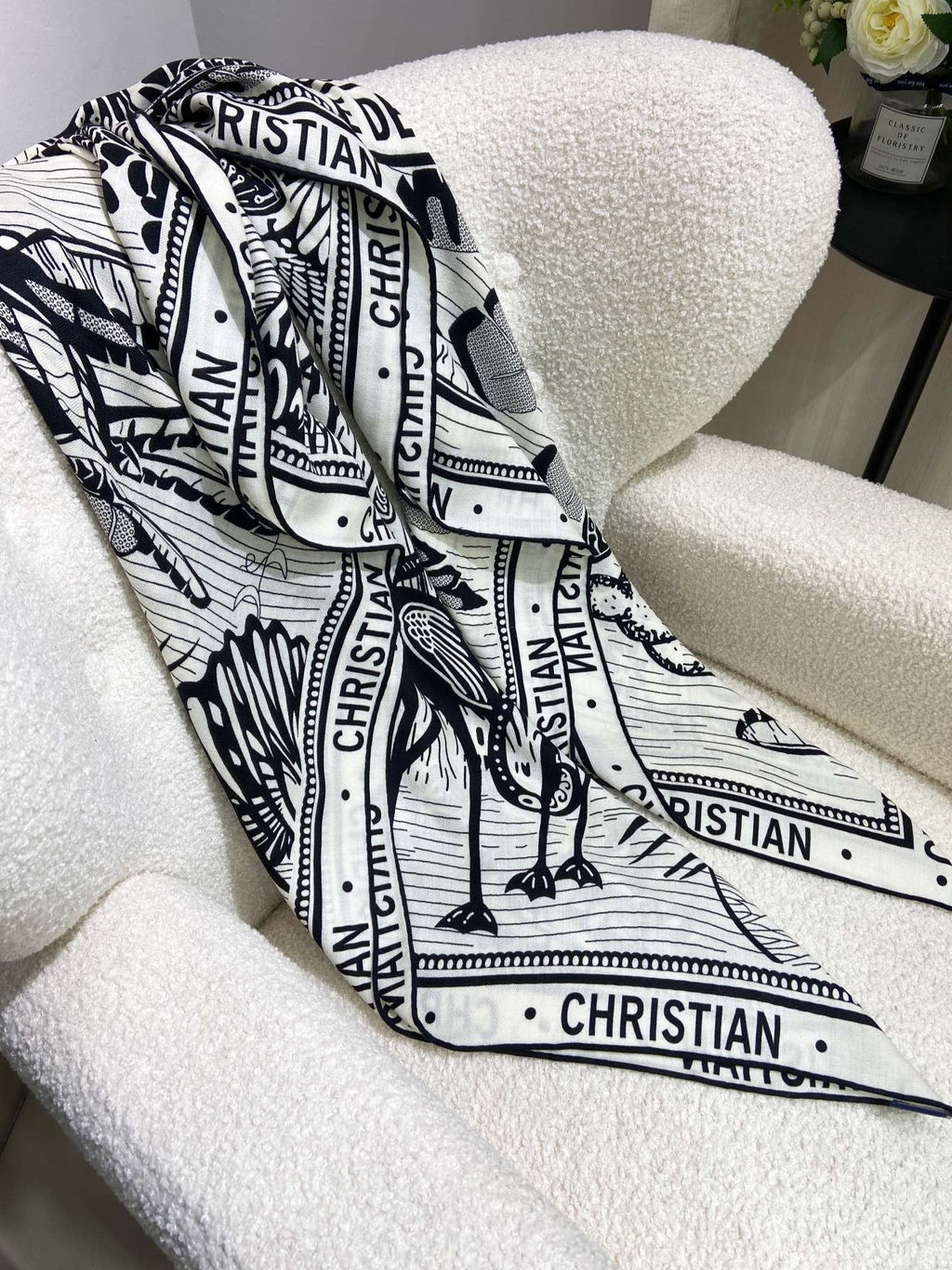 DIOR SQUARE SCARF 140 CM IN BLACK MIX WHITE MONOGRAM WOOL AND SILK 415111